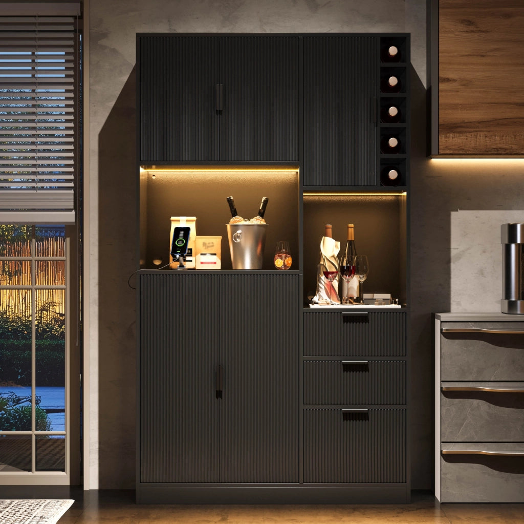 Mobile da cucina 105x40x180 cm con 3 cassetti; LED multicolore e prese USB-C; nero
