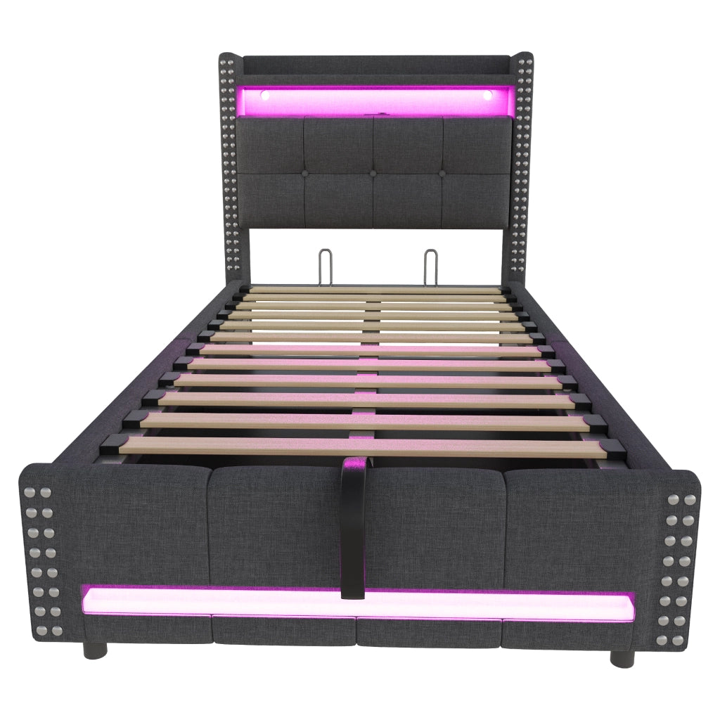 Letto imbottito singolo 90x200 cm con luci LED, porta USB, contenitore idraulico e testiera con ripiani, tessuto effetto lino grigio