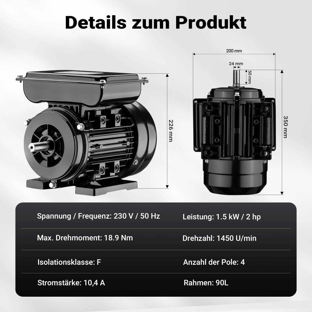 Motore elettrico asincrono monofase, 1450 giri/min, 230 volt, 1,5 kw, 2 CV, IP44, classe F