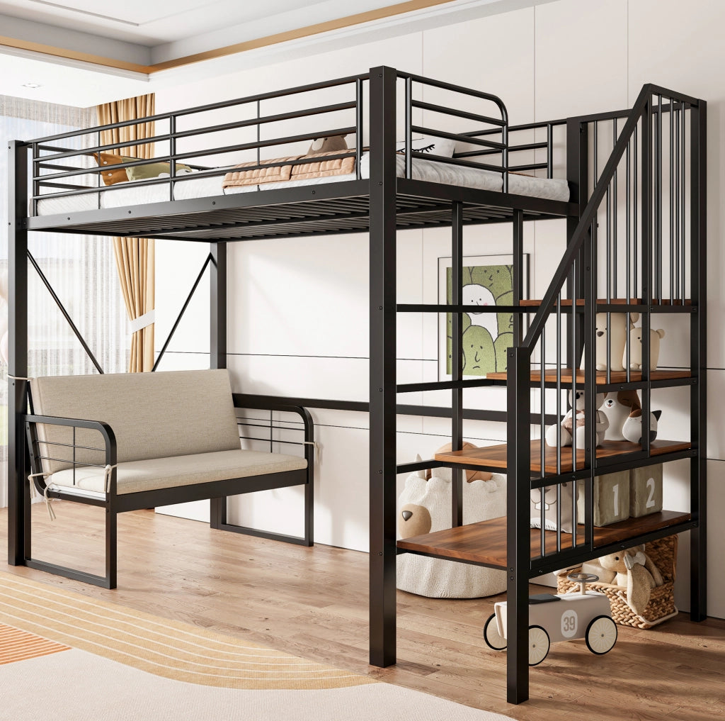 Letto a castello 90x200 cm in metallo con divano e scala contenitore