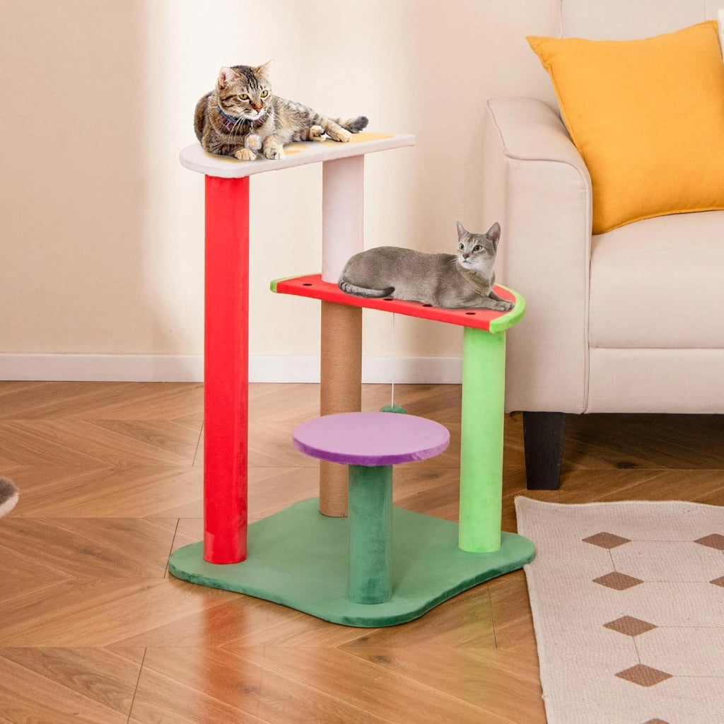 Tiragraffi per Gatti a Forma di Frutta, Albero Moderno per Animali Domestici Multilivello con Piattaforme, Palla di Fragola Pendente e Tiragraffi per Gatti