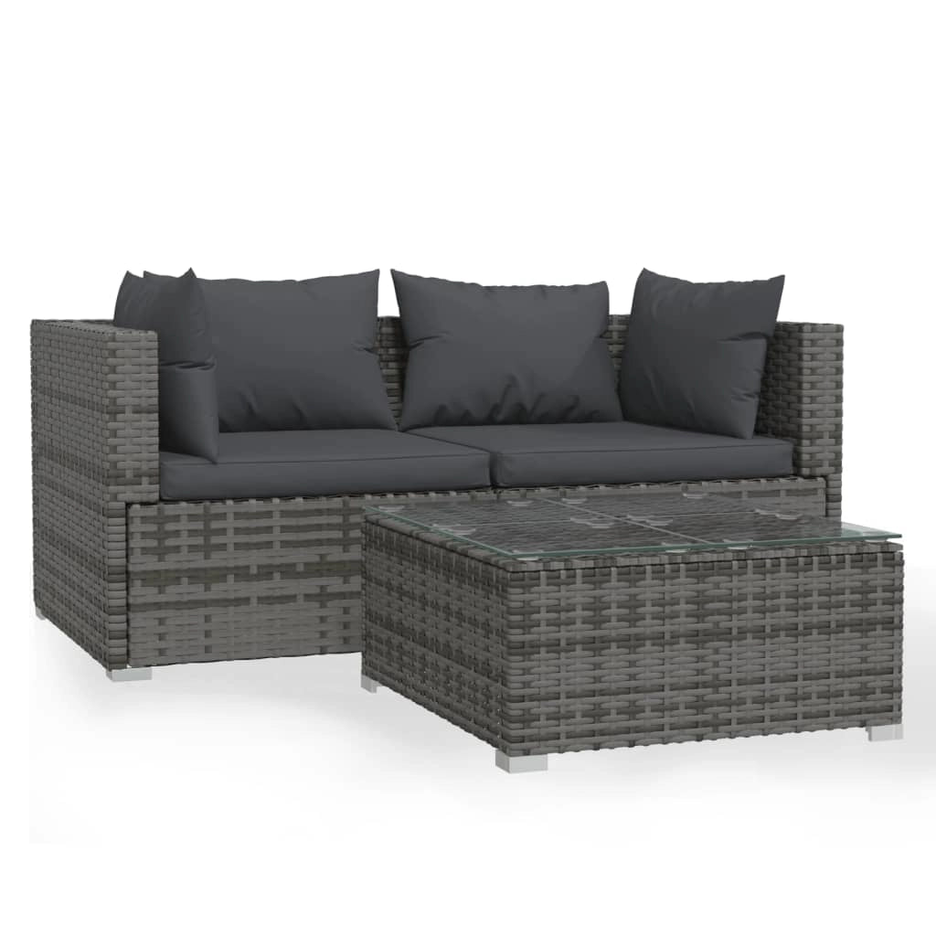 Mobili da giardino mobili da esterno Set di mobili da 3 pezzi con cuscini grigi in resina intrecciata 02_0015976