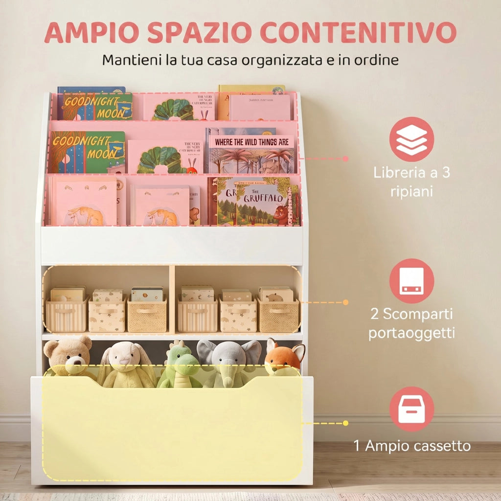 Piccola Libreria per Bambini con Ripiani e Cassetto in MDF. 60x29.9x90cm. Bianco