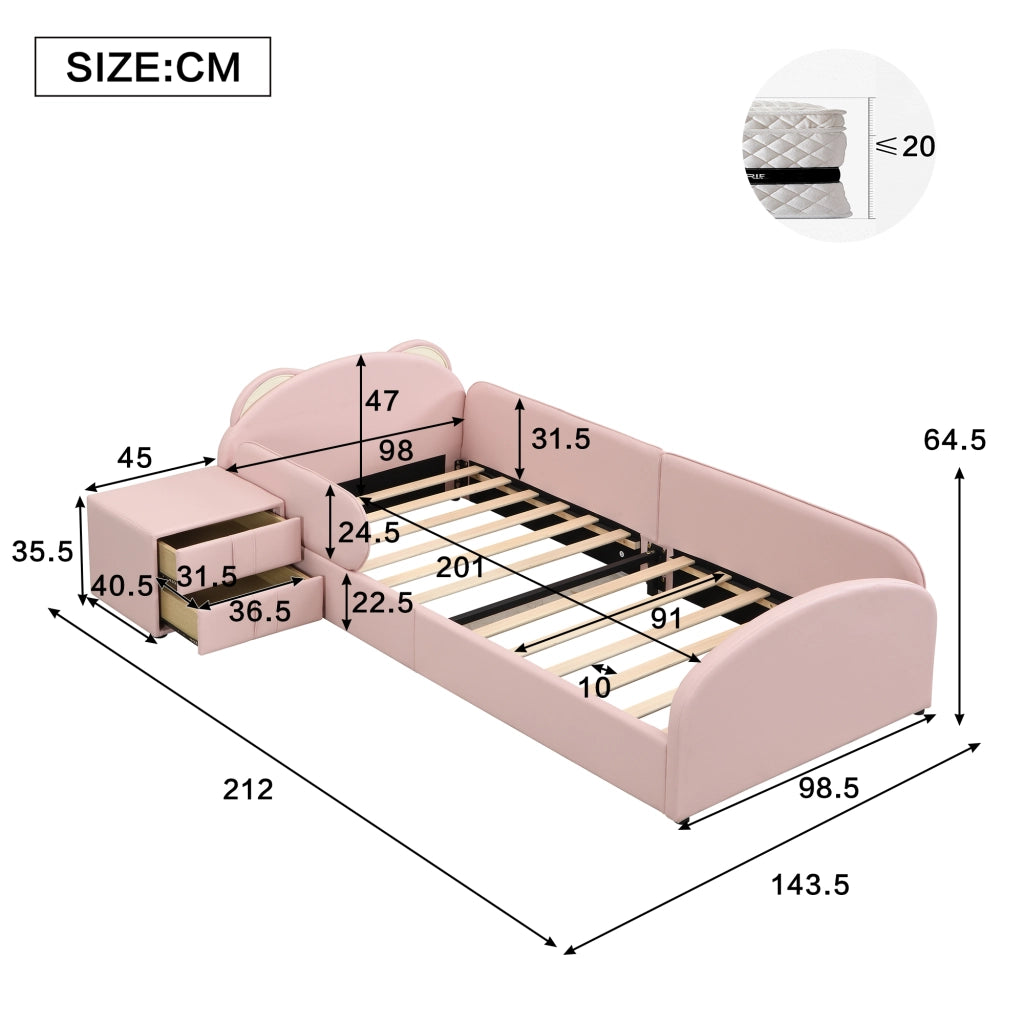 Letto per bambini 90 × 200 cm con testiera a forma di orso, comodino con 2 cassetti, senza materasso, rosa