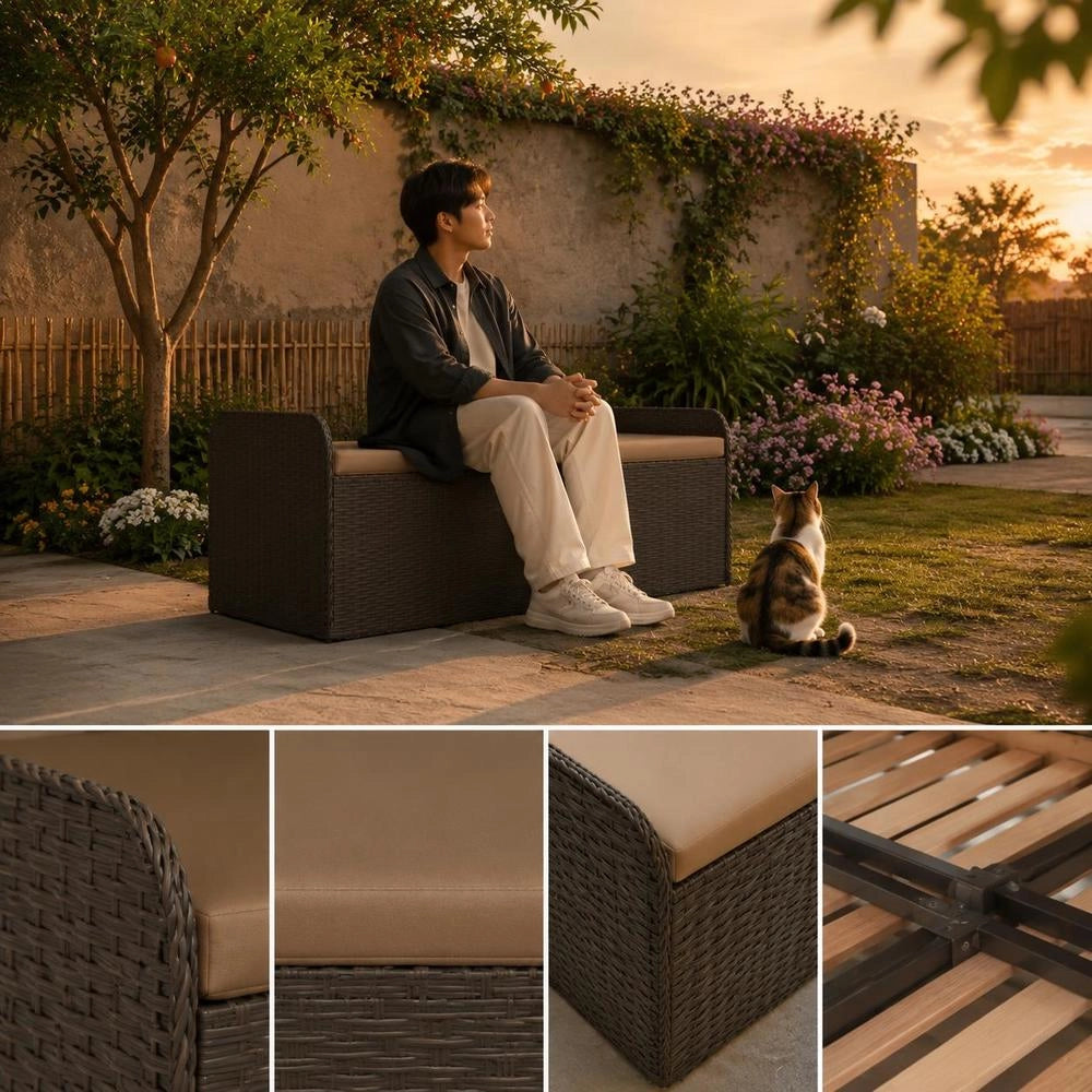 Storage Bench & Cushion, Brown, 115x51x52 Cm, Poly Rattan