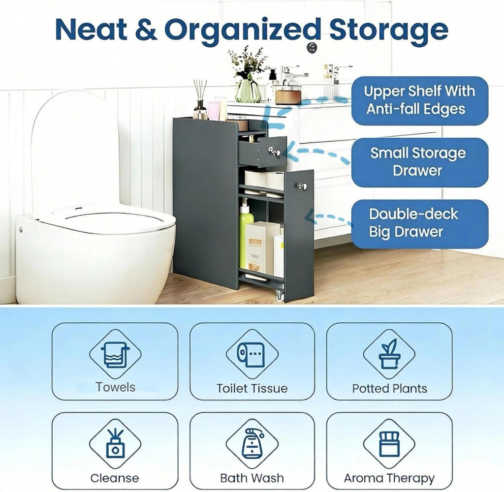 Mobile ausiliario da bagno stretto, armadio sottile per WC con 2 cassetti, 40 x 18 x 70 cm, organizer per bagno, cucina, soggiorno (grigio)