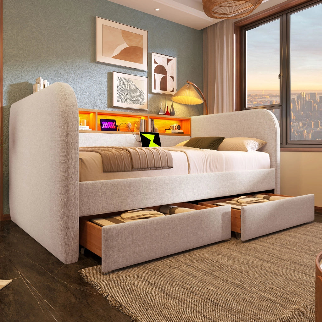 Letto combinato 140 × 190 cm con LED regolabile, USB, Type-C, 2 cassetti e testiera contenitore, senza materasso