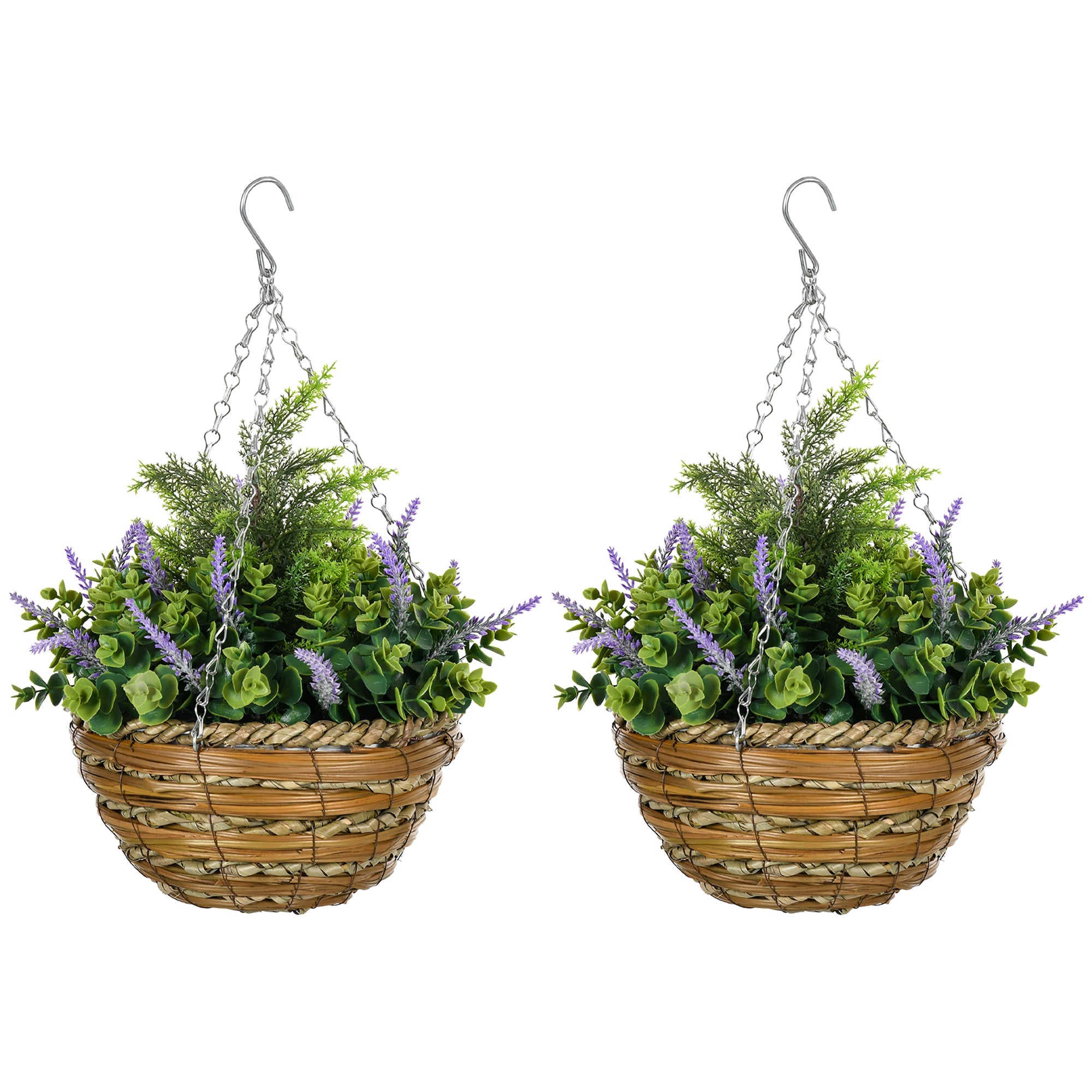 Set 2 Piante Artificiali di Lavanda Ø25x34 cm con Vaso e Gancio in PE e Vimini Verde e Viola