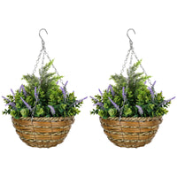Set 2 Piante Artificiali di Lavanda Ø25x34 cm con Vaso e Gancio in PE e Vimini Verde e Viola