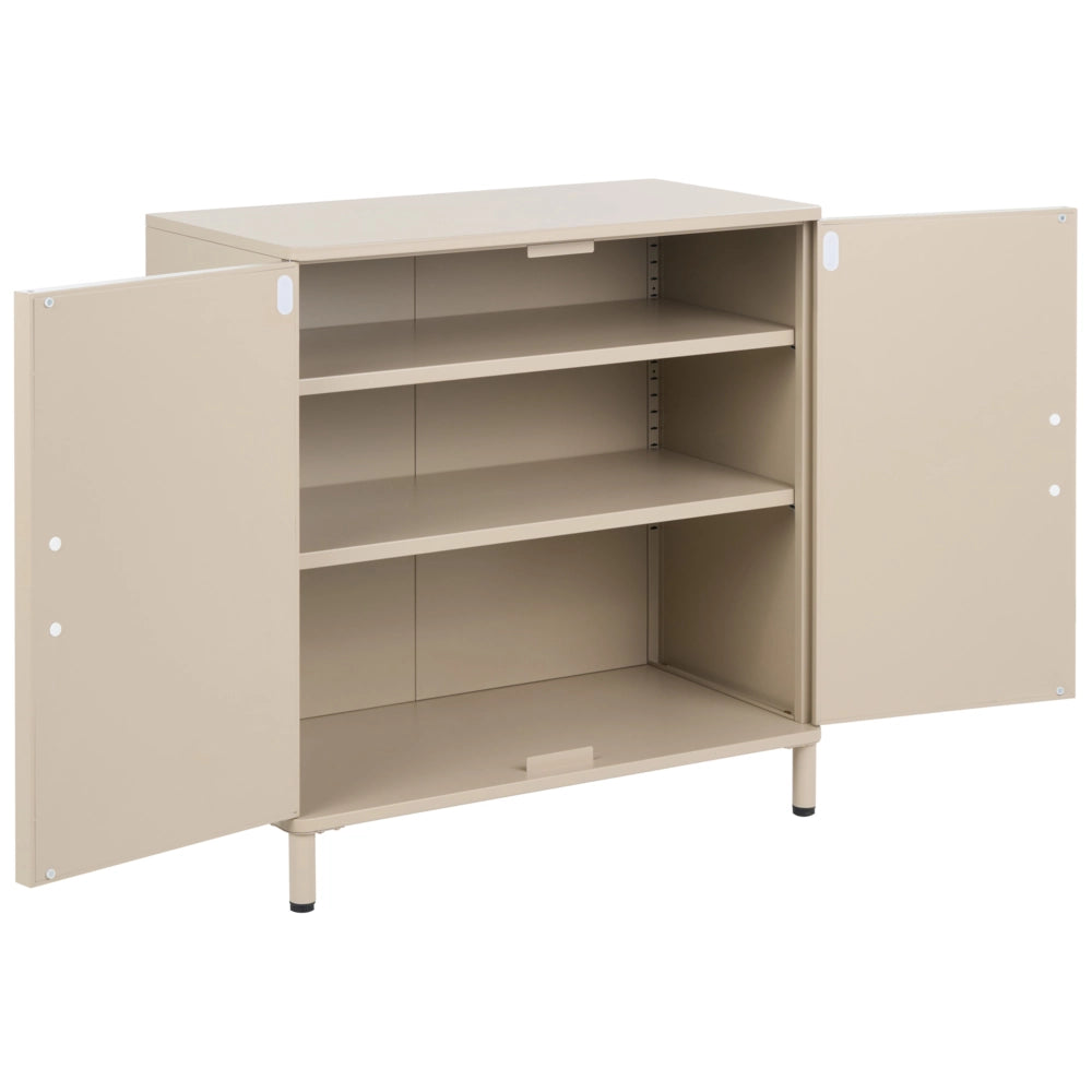 Credenza multimediale in acciaio a 2 ante, colore beige, con angoli arrotondati e maniglie dorate