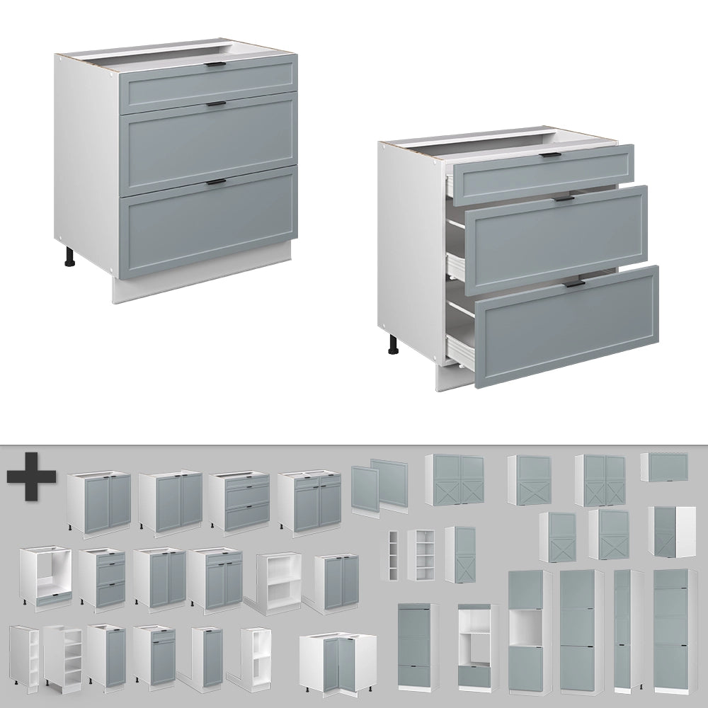 Mobiletto base per cucina Fame-Line Blu-grigio chiaro/Bianco 80 cm con 3 cassetti, PL Antracite Vicco