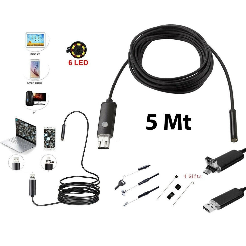 Trade Shop - Telecamera Endoscopica 6 Led Tubo Flessibile Usb 5 Mt Impermeabile Ispezione -