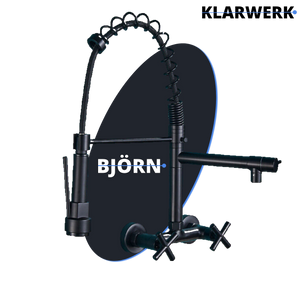 Björn |Rubinetto gastronomico a parete nero opaco|professionale da cucina in acciaio inox a due getti|Rubinetto doppio per lavello ristorante a parete