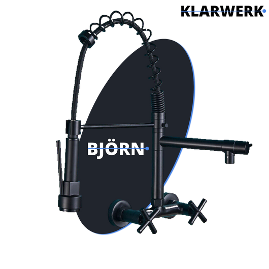 Björn |Rubinetto gastronomico a parete nero opaco|professionale da cucina in acciaio inox a due getti|Rubinetto doppio per lavello ristorante a parete