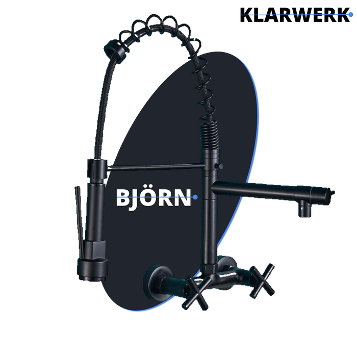 Björn |Rubinetto gastronomico a parete nero opaco|professionale da cucina in acciaio inox a due getti|Rubinetto doppio per lavello ristorante a parete