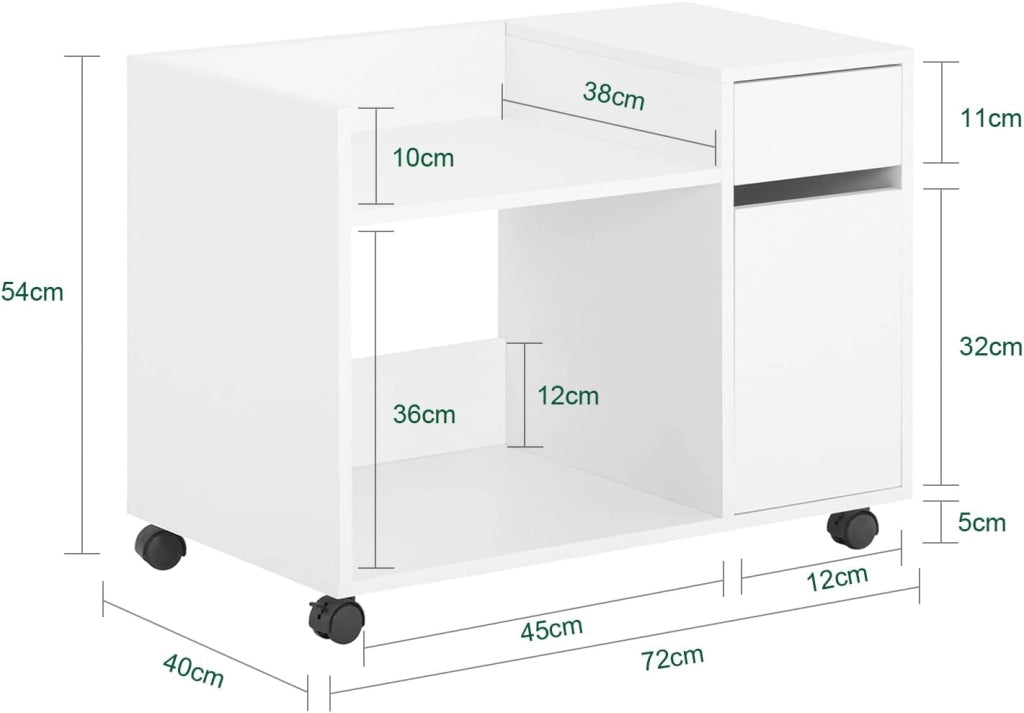 Cassettiera Scrivania con Ruote Mobiletto Ufficio Salvaspazio con Cassetto e Anta Supporto Stampante Schedario da Ufficio Bianco 72x40x54 cm ASK02-W