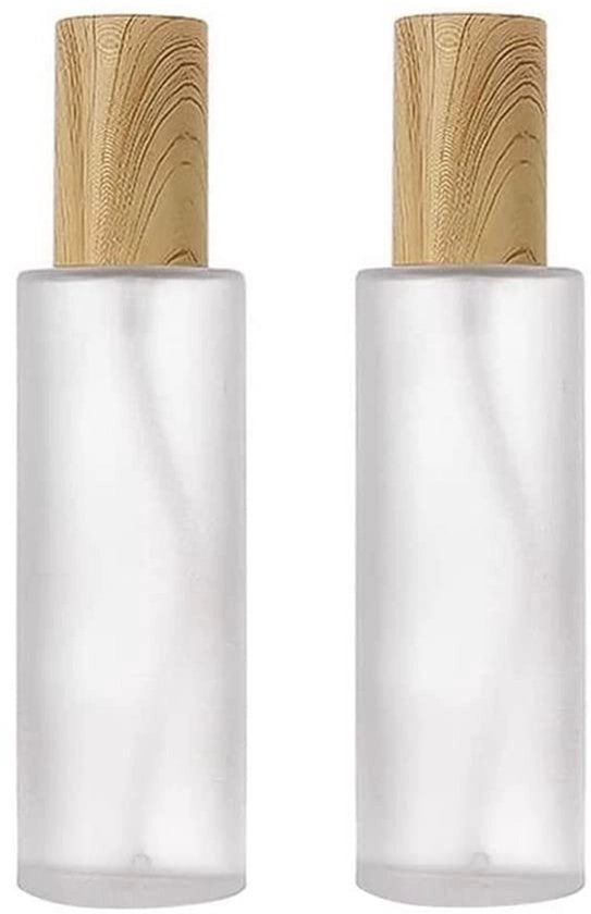 Lattine di Lotion con Pomp 120ml - 2 Pezzi - Dispensatore Vuoto Riscaldabile - Bottiglia di Vetro con Struttura in Legno del Coperchio - Contenitore Cosmetico - Progetto Antileak - Lattine con Pomp