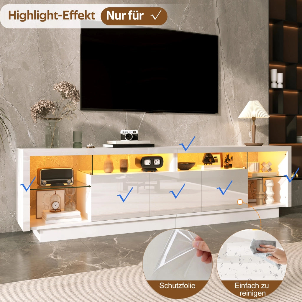 Mobile porta TV con 3 ante, vani aperti in vetro e LED, per soggiorno, in legno truciolare bianco, 200 × 38 × 55 cm
