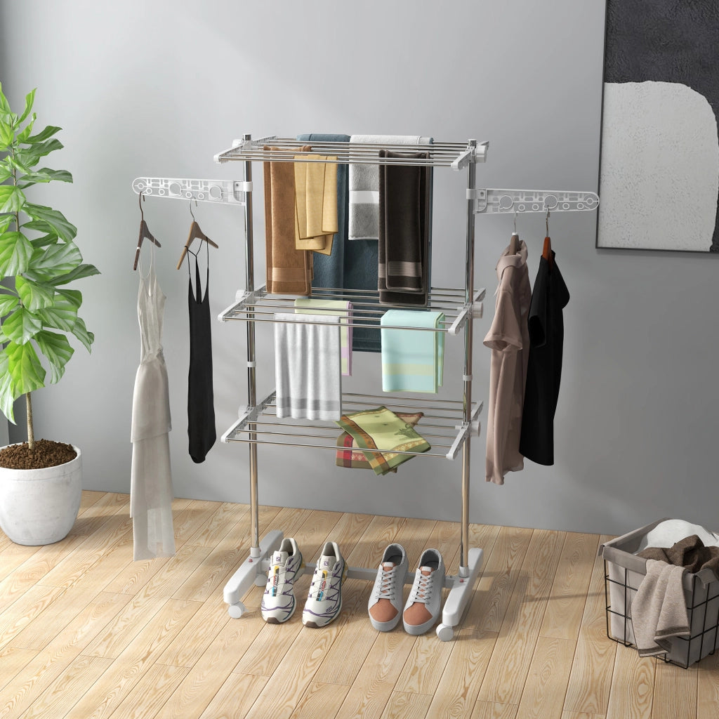 Stendino Verticale Pieghevole in Acciaio e Plastica con 6 Ruote e 3 Ripiani Regolabili, 142x55x172 cm
