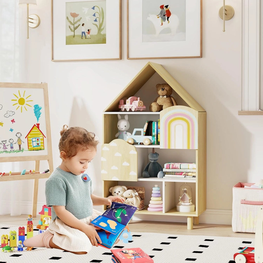 Scaffale per Bambini a Forma di Casa, Libreria Multiusa con 2 Ante, Sistema Anti-ribaltamento e Gambe in Legno per Sala Giochi Asilo Camera da Letto, 60 x 30 x 103 cm