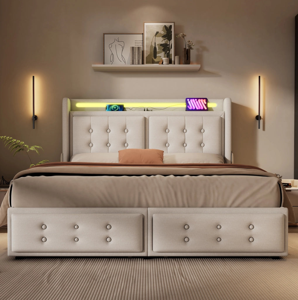 Letto matrimoniale 180x200 beige LED USB-C con 4 cassetti