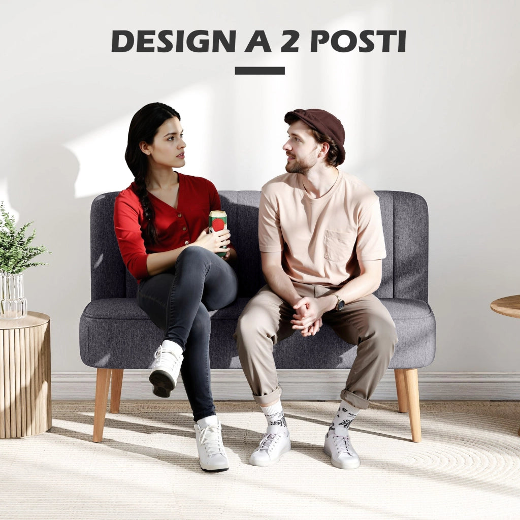 Divano 2 Posti 117x56,5x77 cm Senza Braccioli con Gambe in Legno in Tessuto Effetto Lino Grigio Scuro