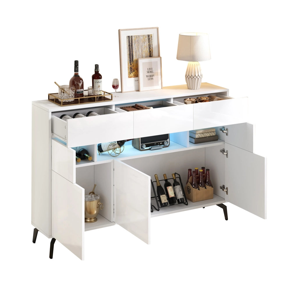 Credenza e madia con LED e 3 cassetti, 5 vani e vano aperto, per soggiorno, bianco, 140 × 30 × 82 cm