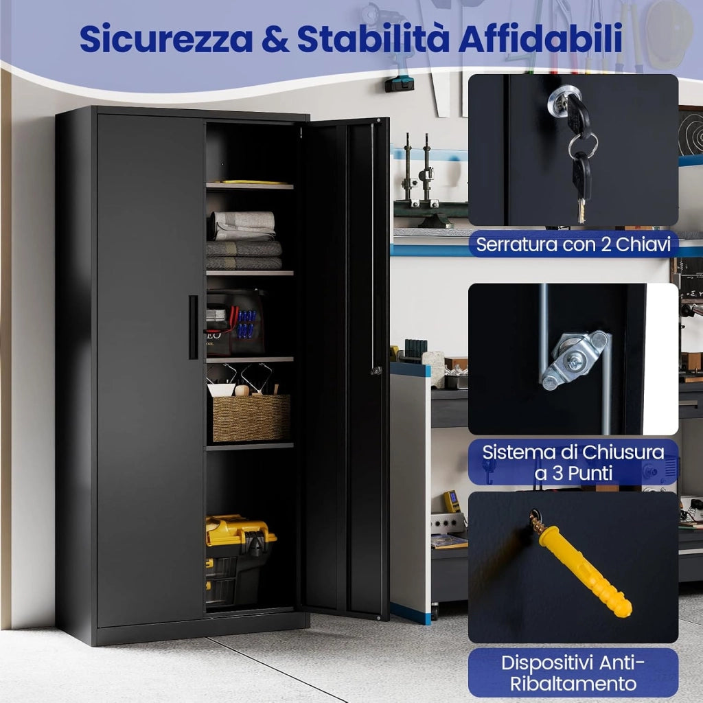 Armadio Portadocumenti, Armadio Multiuso con 2 Ante con Serratura e 4 Ripiani Regolabili, Armadio da Stoccaggio per Ufficio, Soggiorno e Scuola, 80 x 40 x 180 cm