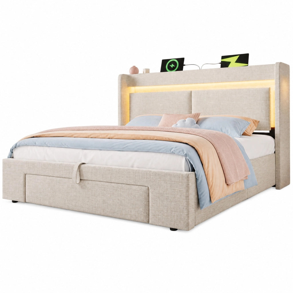 Letto matrimoniale imbottito 160x200 cm con contenitore idraulico, LED, USB e USB-C, beige