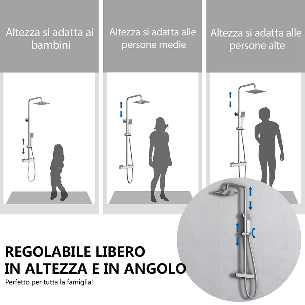 AICA Set Doccia Completo Cromo con Soffione Doccetta e Rubinetto Quadrati e Saliscendi Tondo, Miscelatore Termostatico Doccia
