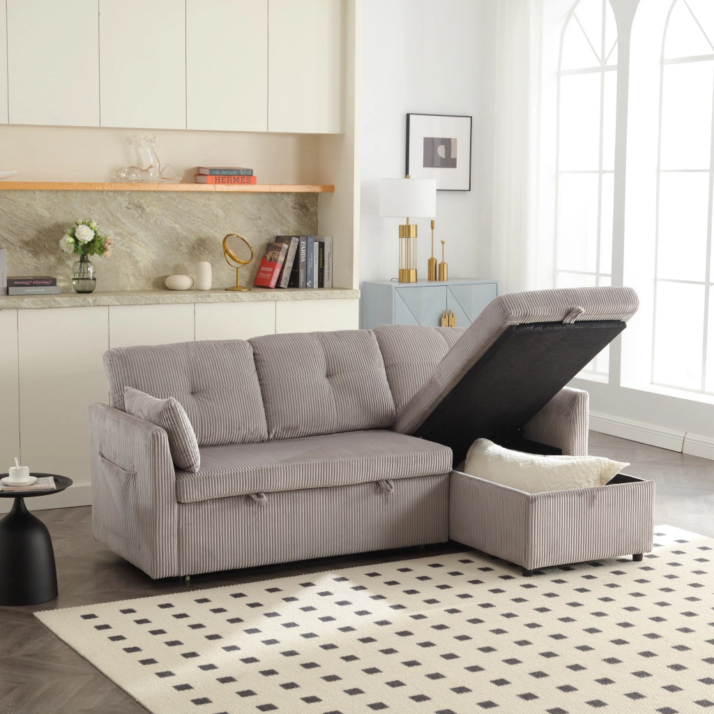 Divano letto modulare con contenitore e seduta reversibile in velluto a coste grigio chiaro 206 × 108 × 66 cm