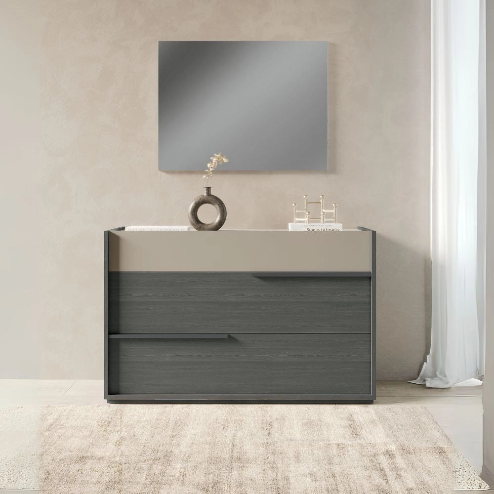 Camera da letto Tania grigio e talco armadio scorrevole con specchi e letto contenitore Napoli