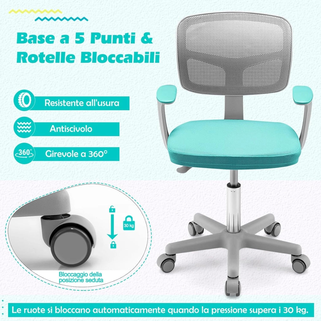 Sedia per Scrivania per Bambini, Sedia per Computer per Bambini con Altezza Regolabile, Ruote con Freni, Sedile Girevole a Rete, Sedia Ergonomica per Bambini 3-10 Anni (Menta verde)