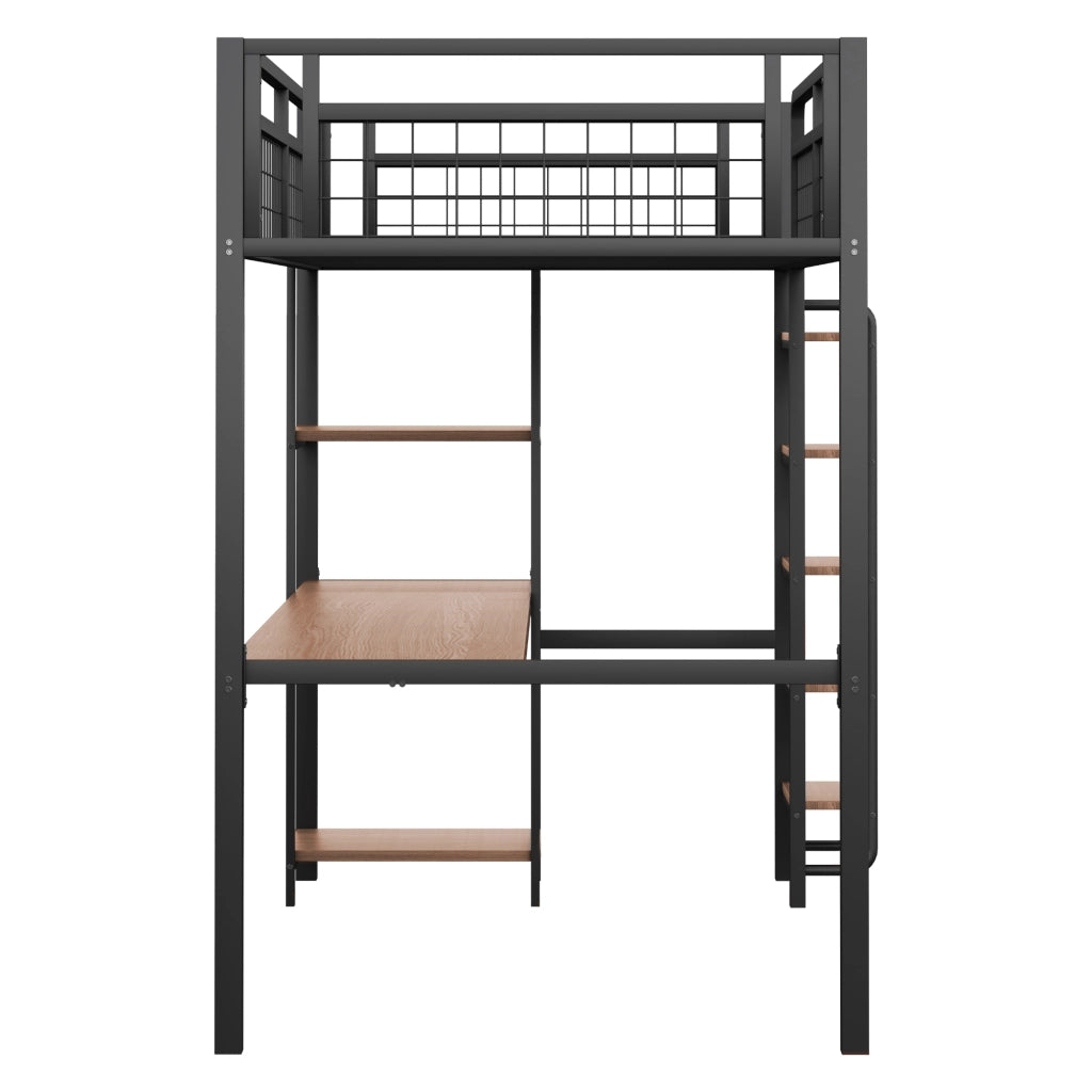LETTO A CASTELLO IN METALLO 90x200 cm Nero con scala, tavolo e ripiani