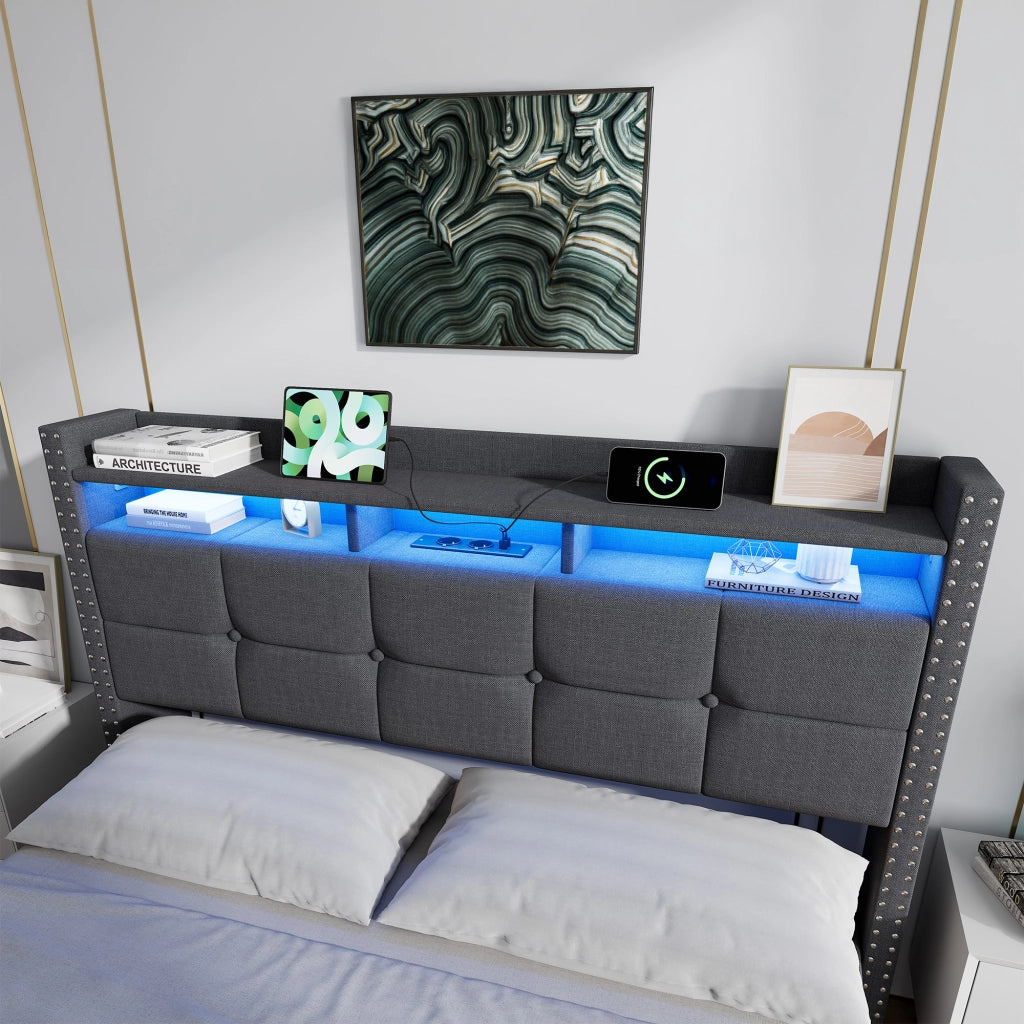 Letto imbottito 140x200 cm grigio scuro con contenitore, testiera regolabile, LED e porte USB