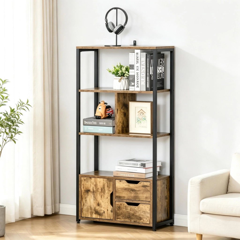 Libreria alta divisoria con ripiani aperti, armadio e cassetti in legno antico e metallo nero