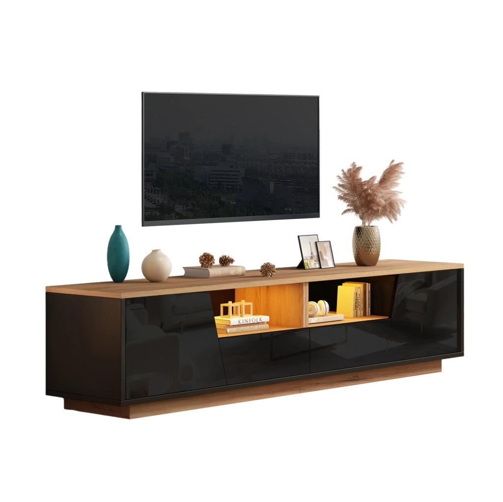 Mobile TV 180x40x46 cm con LED; 2 cassetti e 2 armadietti in truciolare nero e naturale