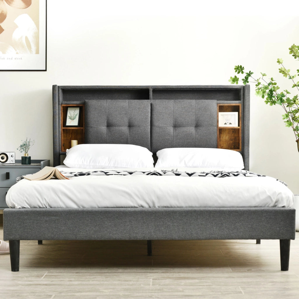 Letto imbottito 140x200 cm con contenitore; LED; USB e prese; grigio