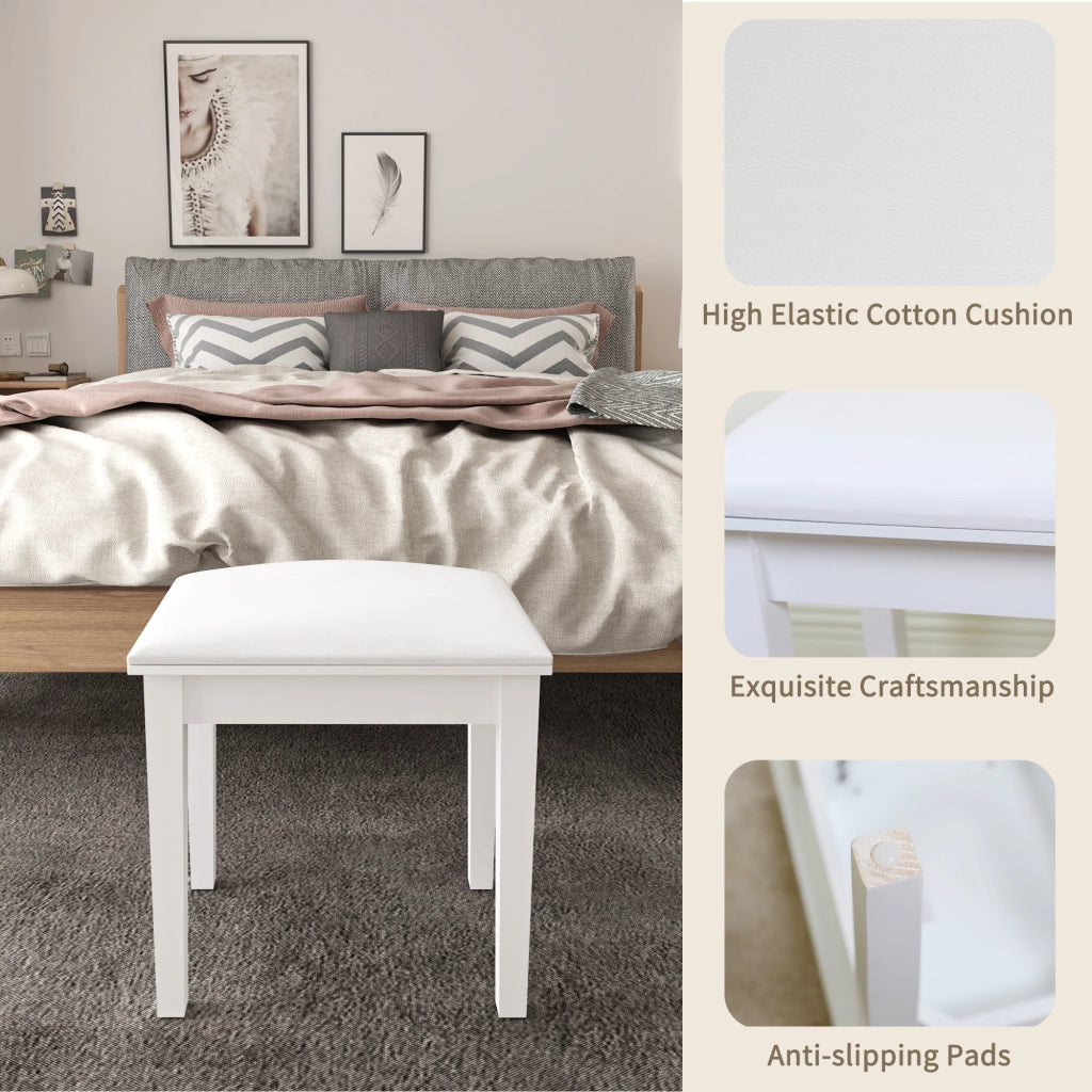 Sgabello da trucco imbottito con gambe in legno, in PU bianco
