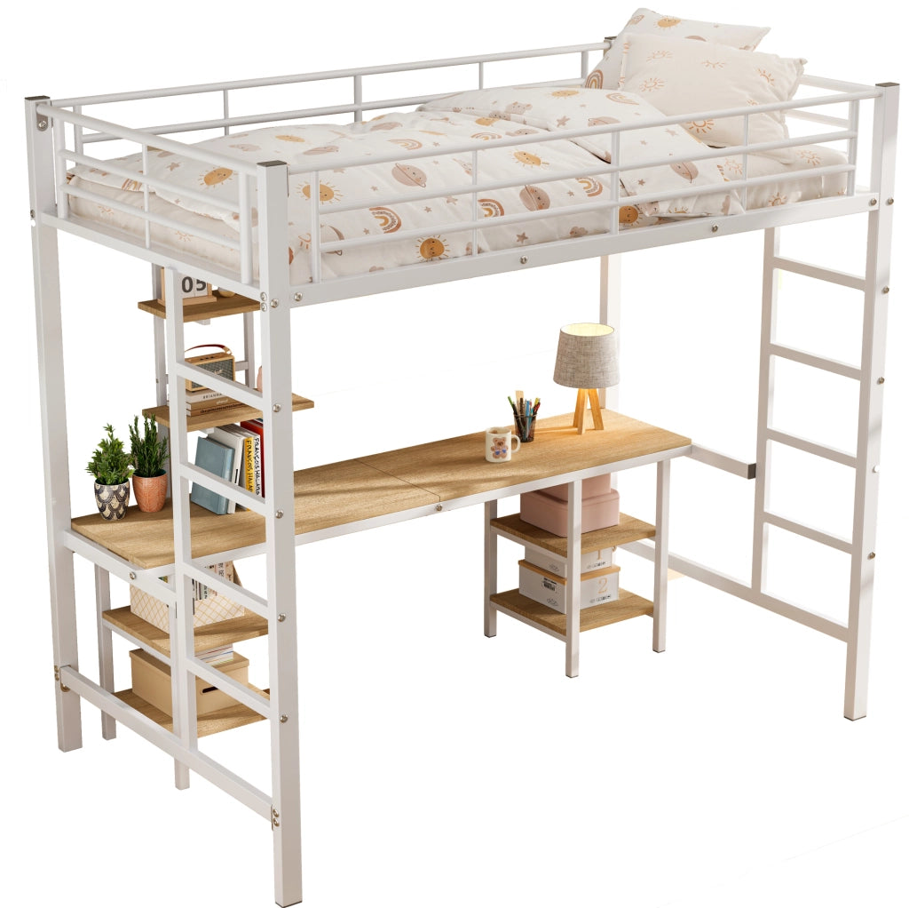 Letto a castello 90x200 cm con scrivania e scaffali in metallo e MDF; bianco