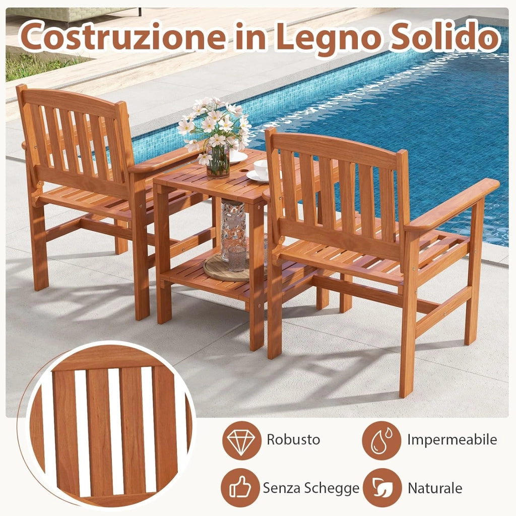 Set di 3 Pezzi da Giardino, Tavolino e 2 Sedie da Patio in Legno, con Foro per Ombrellone, Set di Mobili da Esterno a 3 Pezzi per Giardino, Tavolino Portato 35 kg, Sedia Portata 120 kg