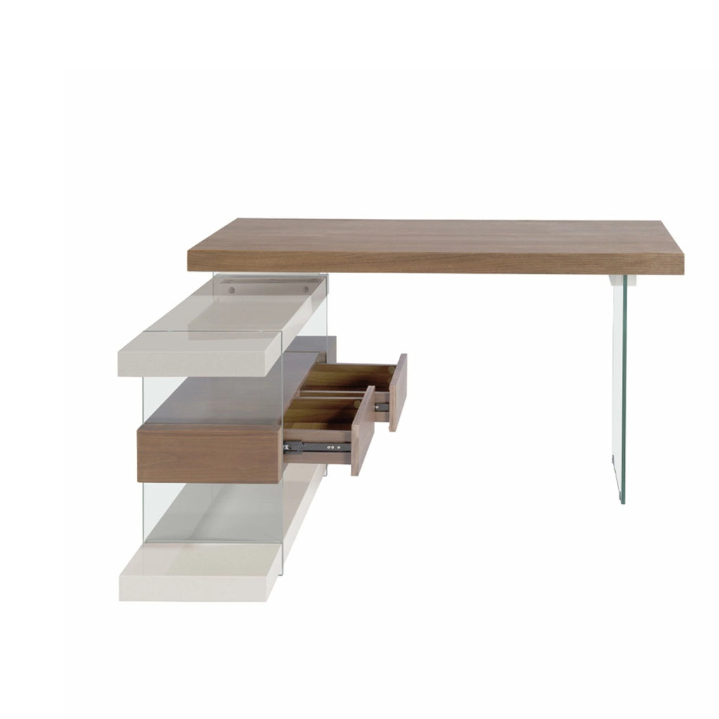Scrivania in legno grigio e vetro temperato con piano in noce