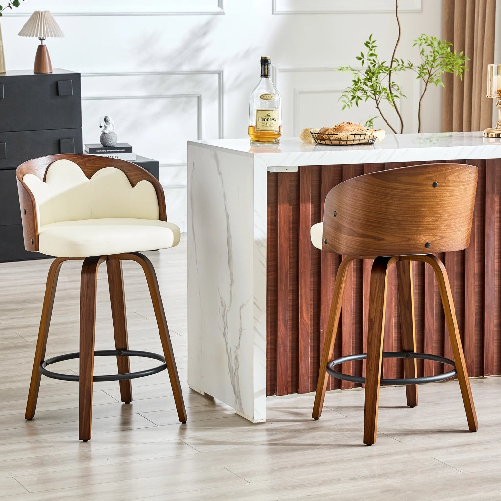 Sgabello da bar con schienale a fiore in legno curvato e PU con poggiapiedi in metallo bianco 64,5 × 53 × 47 cm