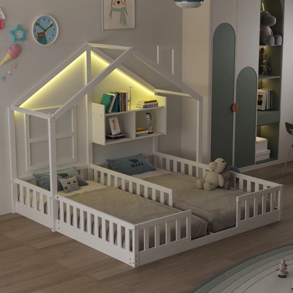 Letto per bambini a forma di casa con LED e doghe, 90x200 cm, bianco