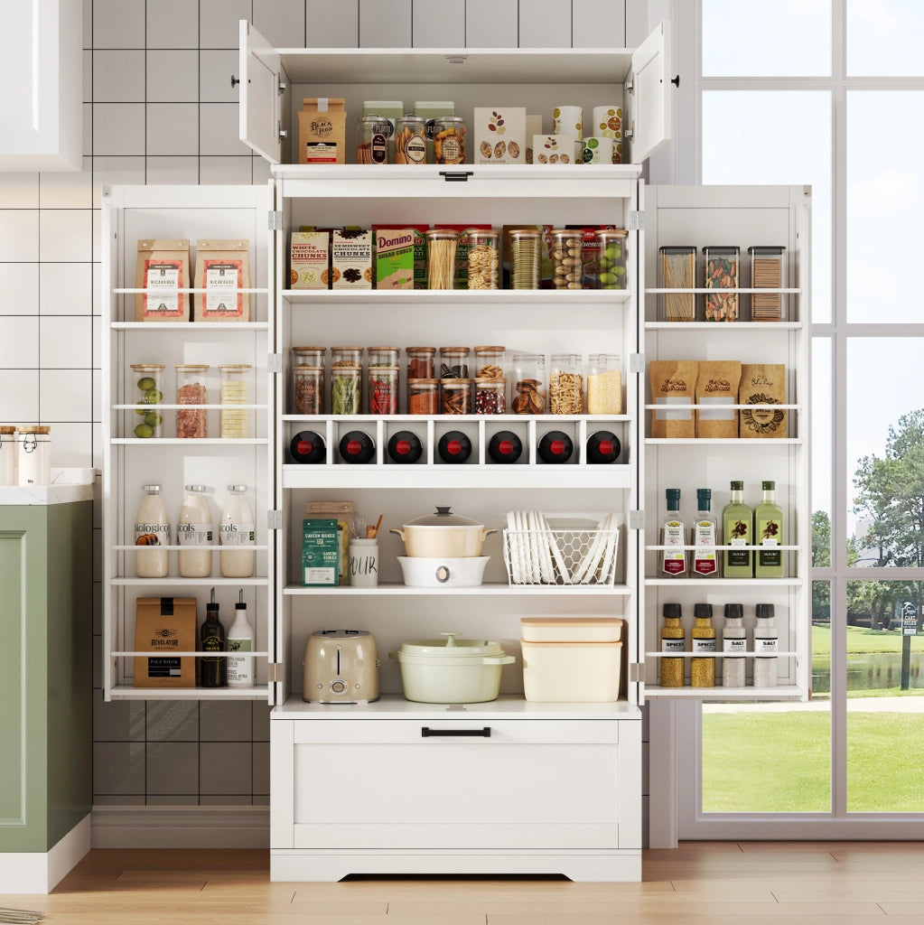 Credenza da cucina 80x40x180 cm con 1 cassetto; 7 vani portabottiglie e ripiani regolabili in MDF bianco