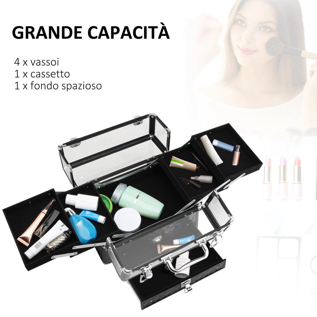 EasyComfort Valigetta Porta Trucchi Professionale da Viaggio, Valigetta Trucchi con Vassoi Estraibili e Serratura, per Makeup Beauty Case Donna Viaggio, 30x18.5x22 cm, Nero