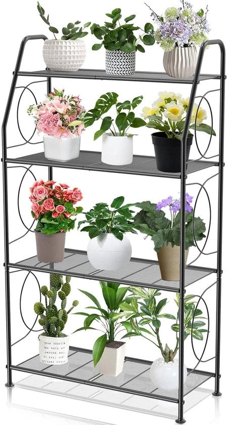 Supporto per piante a 4 livelli per interni ed esterni, supporto per piante metallico alto per salotto, balcone e giardino nero