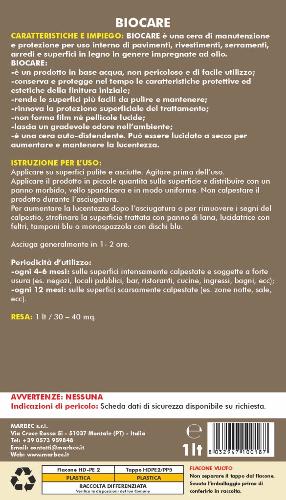 Cera per legno oliato BIOCARE   1LTx6Pz