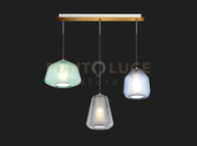 SOSPENSIONE OTTONE SAT. 3 LUCI RETTANGOLARE VETRI ALPHA VE + BETA BL + GAMMA FU 1176OS-S3 R ABG-MC
