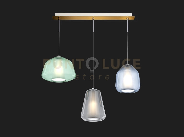 SOSPENSIONE OTTONE SAT. 3 LUCI RETTANGOLARE VETRI ALPHA VE + BETA BL + GAMMA FU 1176OS-S3 R ABG-MC